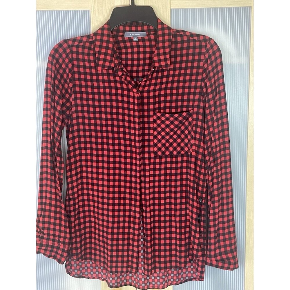 Be Cool‎ Womens Button Up Blouse Top Sz S Gingham Casual Colorful Holidays Red